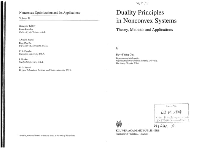 Duality Principles in Nonconvex Systems Theory, Methods and Applications