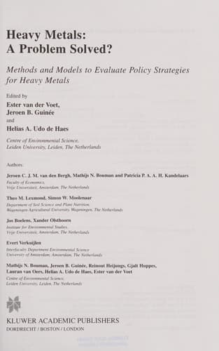 Heavy Metals: A Problem Solved? Methods and Models to Evaluate Policy Strategies for Heavy Metals