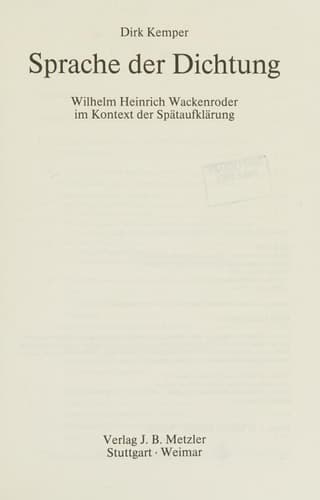 Sprache der Dichtung: Wilhelm Heinrich Wackenroder im Kontext der Spätaufklärung (Metzler Studienausgabe) (German Edition)