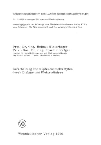 Aufarbeitung von Kupferendelektrolyten durch Dialyse und Elektrodialyse