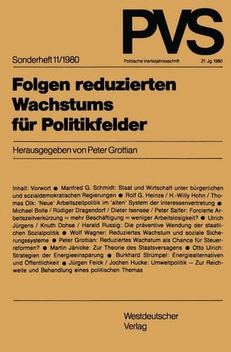 Folgen reduzierten Wachstums für Politikfelder (Politische Vierteljahresschrift Sonderhefte, 11/1980) (German Edition)