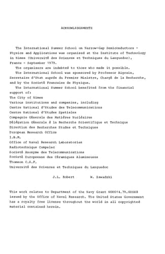 Narrow Gap Semiconductors Physics and Applications Proceedings of the International Summer School Held in Nîmes, France, September 3 – 15, 1979