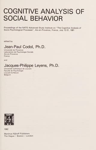 Cognitive Analysis of Social Behaviour (NATO Science Series D: Behavioural and Social Sciences, No. 13)